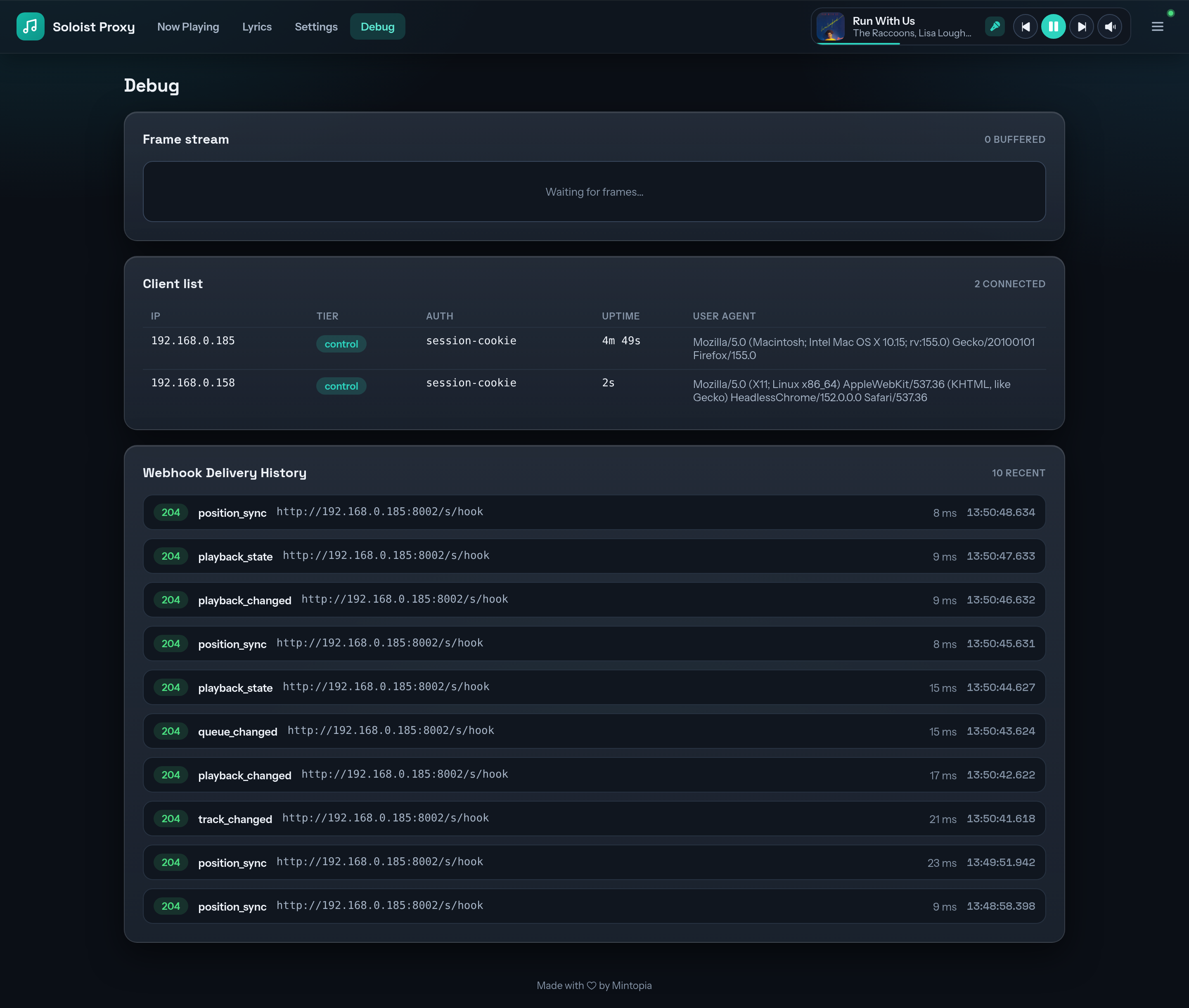 Debug page with frame stream, client list and webhook log