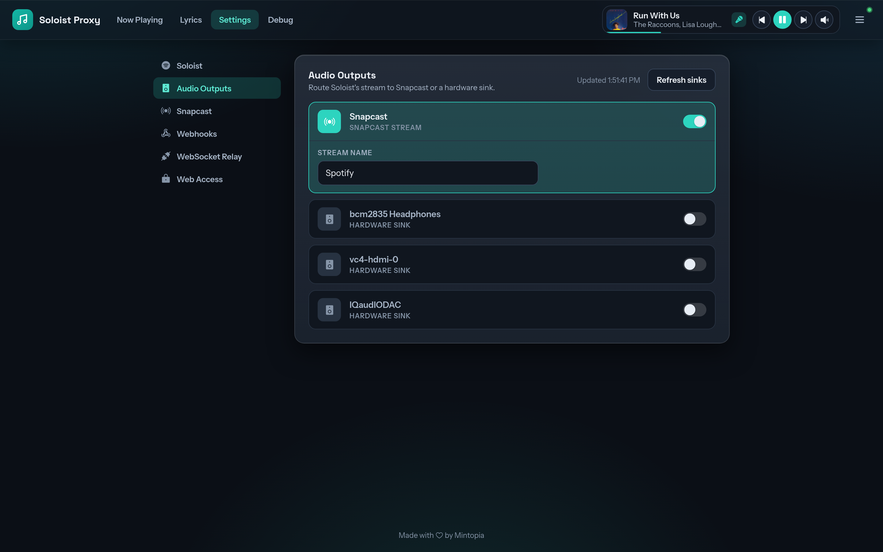 Audio Outputs settings listing Snapcast and hardware sinks