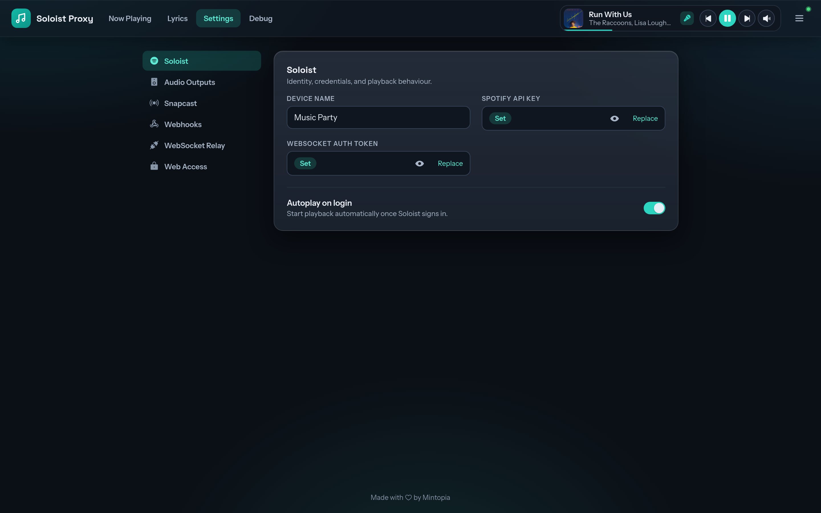 Soloist settings with device name, Soloist API key, auth token and autoplay