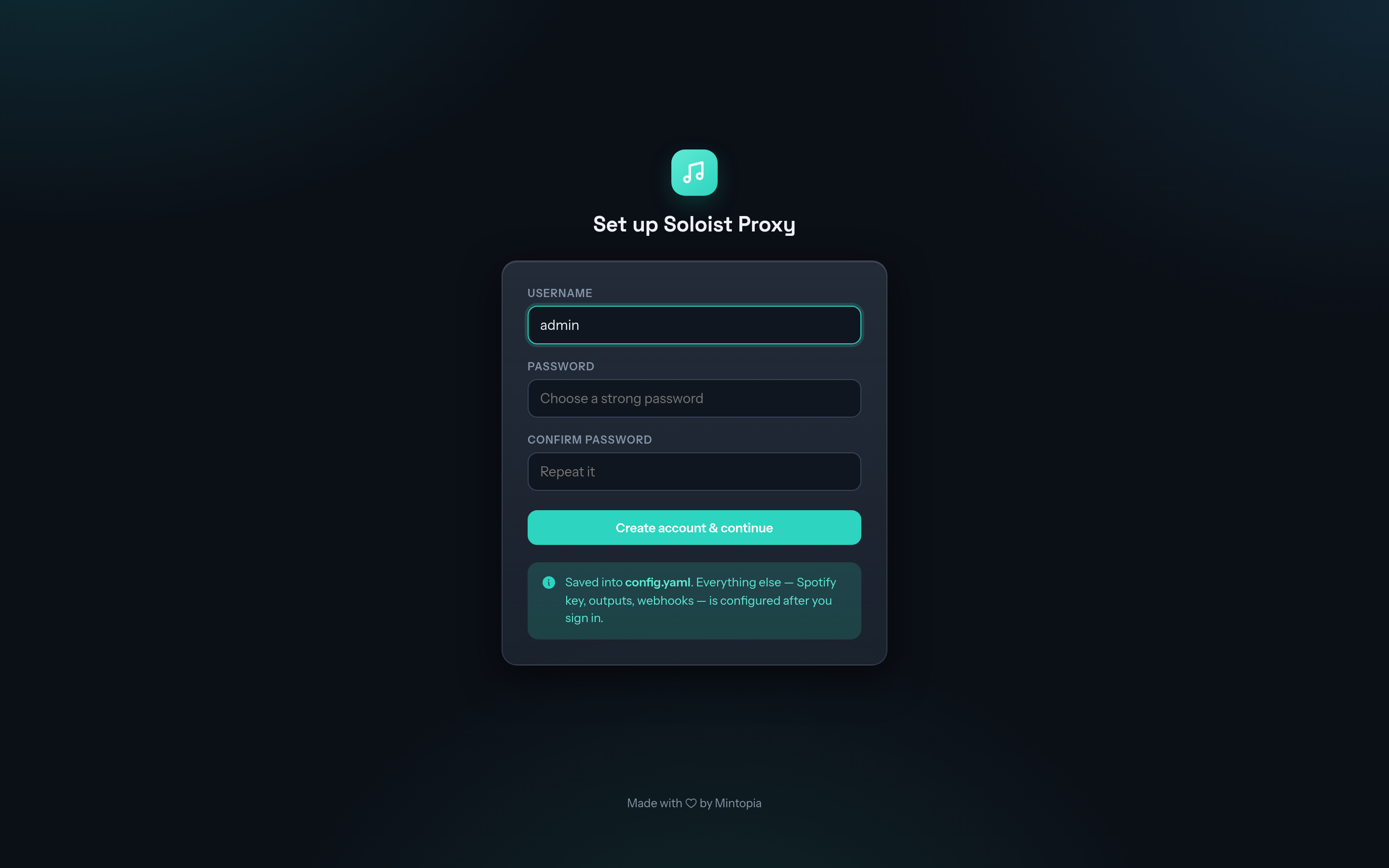 The first-run setup page asking for a username and password
